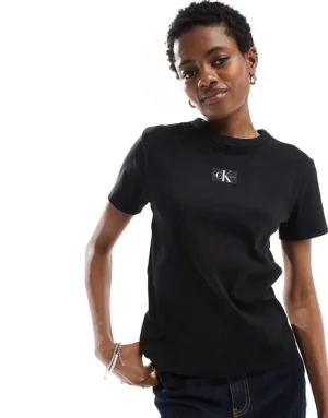 Calvin Klein Jeans Woven Label Logo Ribbed T-shirt In Black For Women Ck Black