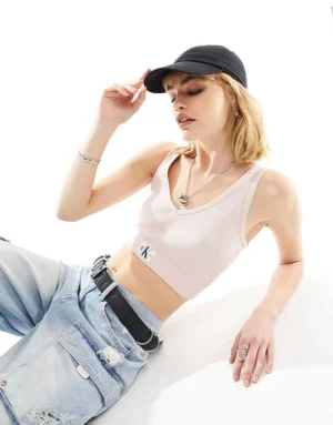 Calvin Klein Jeans Woven Label Rib Crop V-neck Top In Pink For Women Sepia Rose