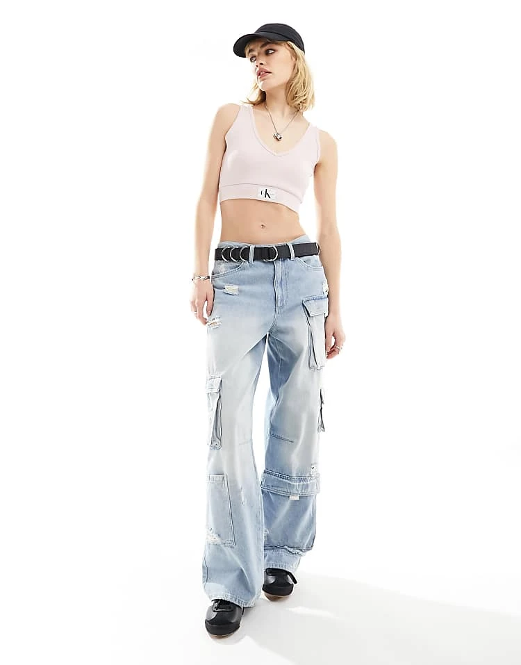 Calvin Klein Jeans Woven Label Rib Crop V-neck Top In Pink For Women Sepia Rose 4 Calvin Klein Jeans Woven Label Rib Crop V-neck Top In Pink For Women Sepia Rose - Image 4