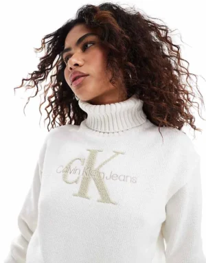 Calvin Klein Jeans Chenille Monologo Jumper In White For Women Ivory