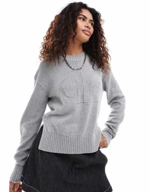 Calvin Klein Jeans Intarsia Loose Jumper In Grey For Women Grey Heather