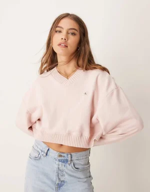 Calvin Klein Jeans Woven Label V-neck Sweatshirt In Pink For Women Light Pink