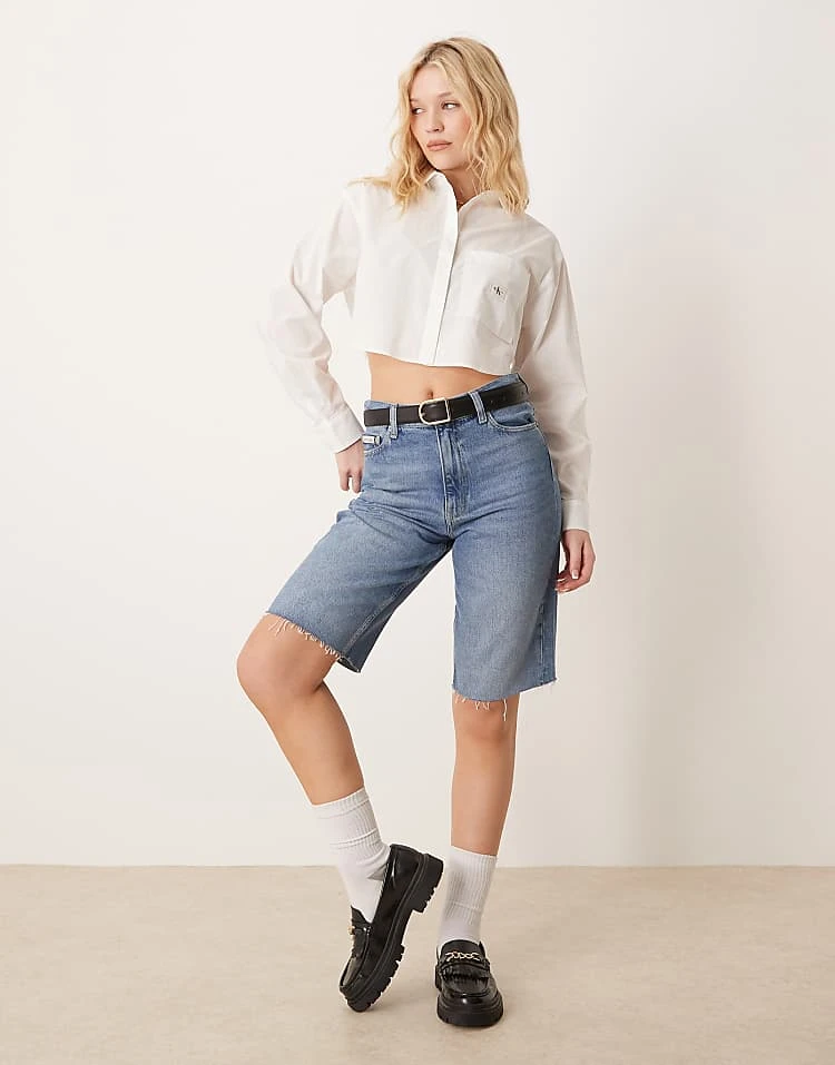 Calvin Klein Jeans Woven Label Cropped Shirt In White For Women Bright White 2 Calvin Klein Jeans Woven Label Cropped Shirt In White For Women Bright White - Image 2